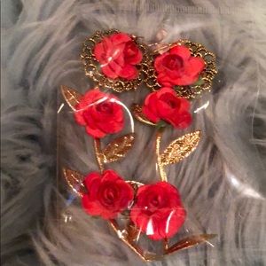Red roses and Gold Leafs Earrings Long